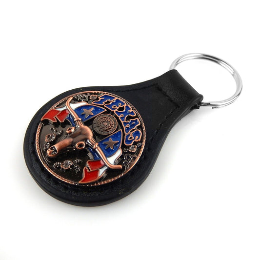 Black Leather Key Fob Ring Texas Longhorn Flag Star Copper Concho Color Enamel