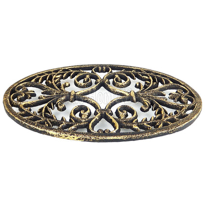 Fleur De Lis Oval Trivet Cast Iron Gold Patina Ornate Scrolls Antique Style