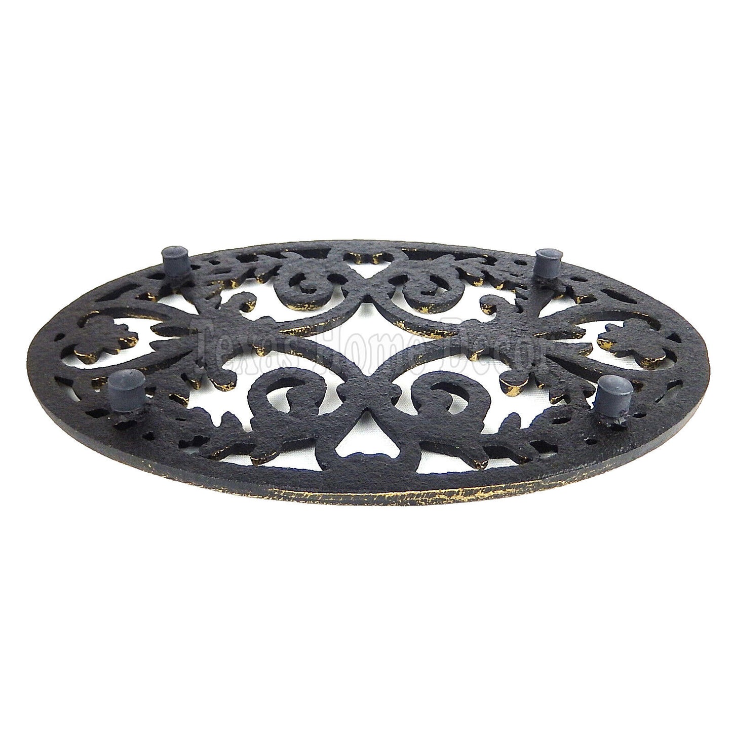 Fleur De Lis Oval Trivet Cast Iron Gold Patina Ornate Scrolls Antique Style