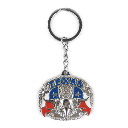 Metal Texas Flag Longhorn Keychain Split Ring Western Souvenir