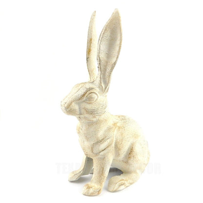 Large Rabbit Figurine Garden Statue Heavy Duty Cast Iron Antique White 10.5 inch