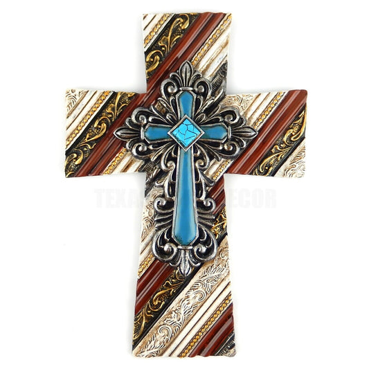 Turquoise Striped Wall Cross Scrolls Fleur De Lis Layered Old World Style