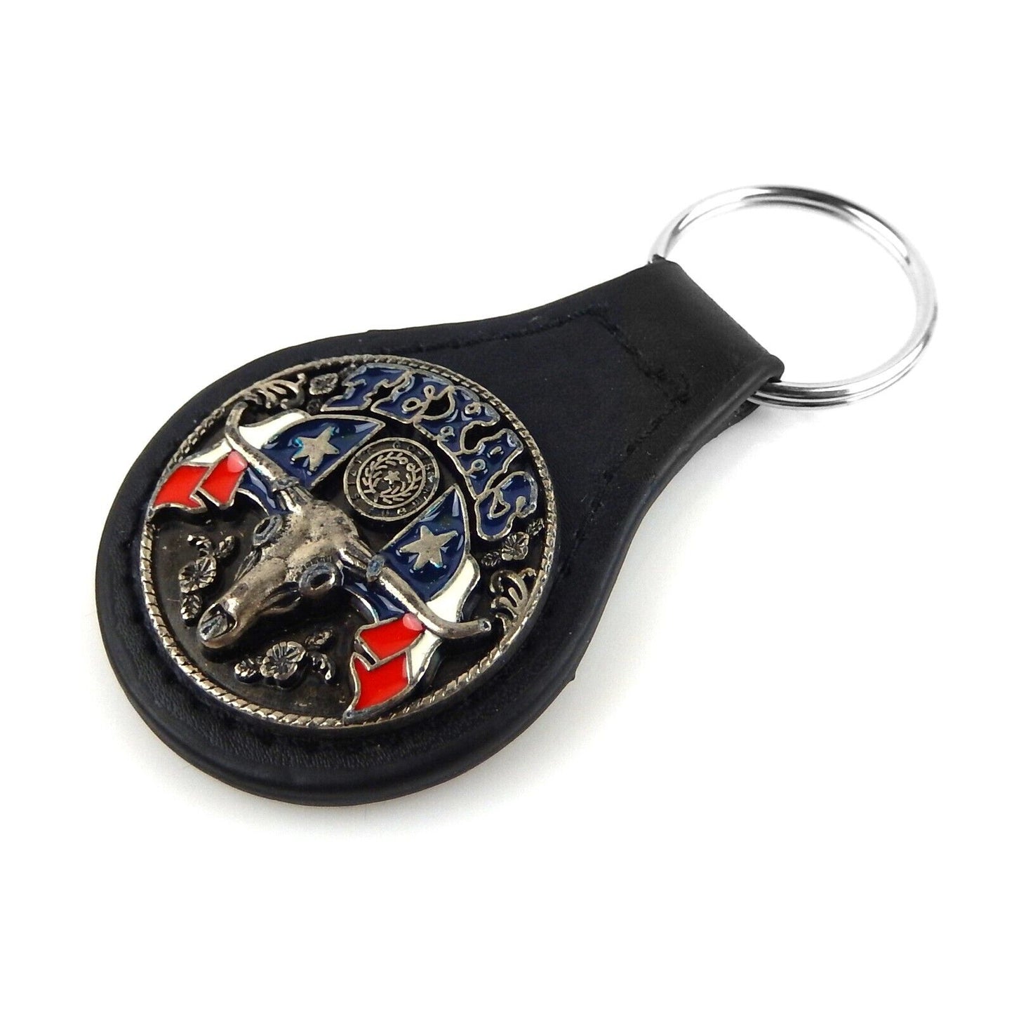 Black Leather Key Fob Ring Silver Texas Longhorn Flag Star Concho Color Enamel