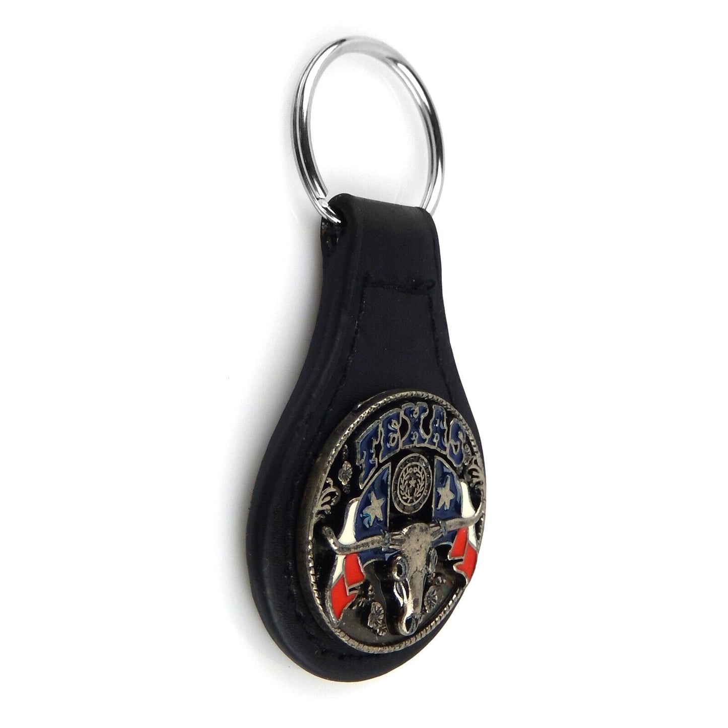 Black Leather Key Fob Ring Silver Texas Longhorn Flag Star Concho Color Enamel