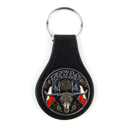 Black Leather Key Fob Ring Silver Texas Longhorn Flag Star Concho Color Enamel