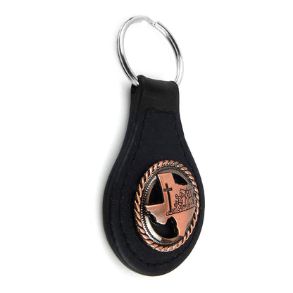 Black Leather Key Fob Ring Copper Texas Map Praying Cowboy Cross Horse Concho