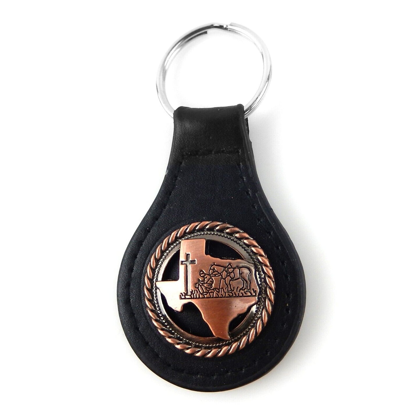 Black Leather Key Fob Ring Copper Texas Map Praying Cowboy Cross Horse Concho