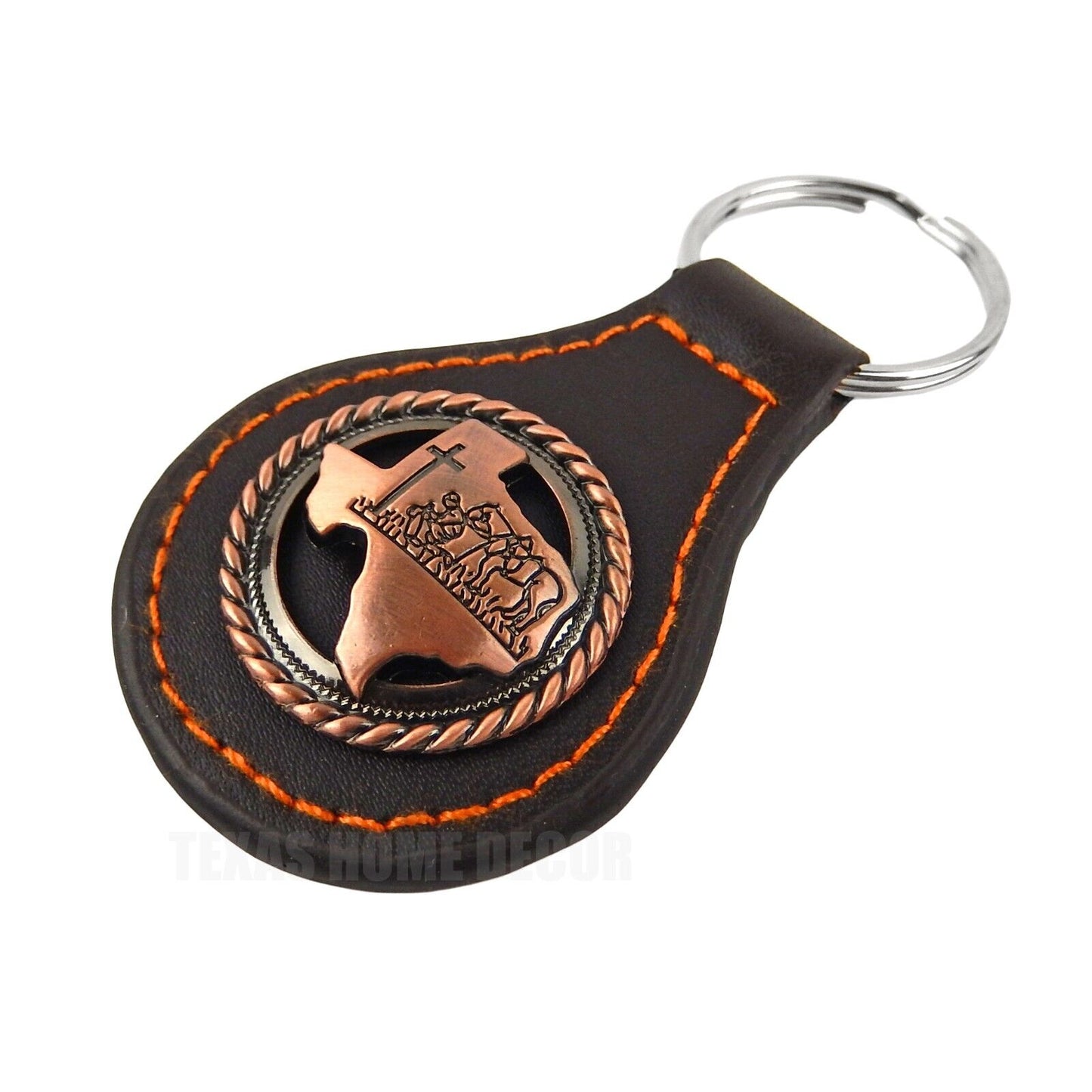 Brown Leather Keychain Texas Map Praying Cowboy Cross Horse Copper Concho