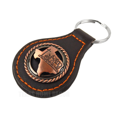 Brown Leather Keychain Texas Map Praying Cowboy Cross Horse Copper Concho