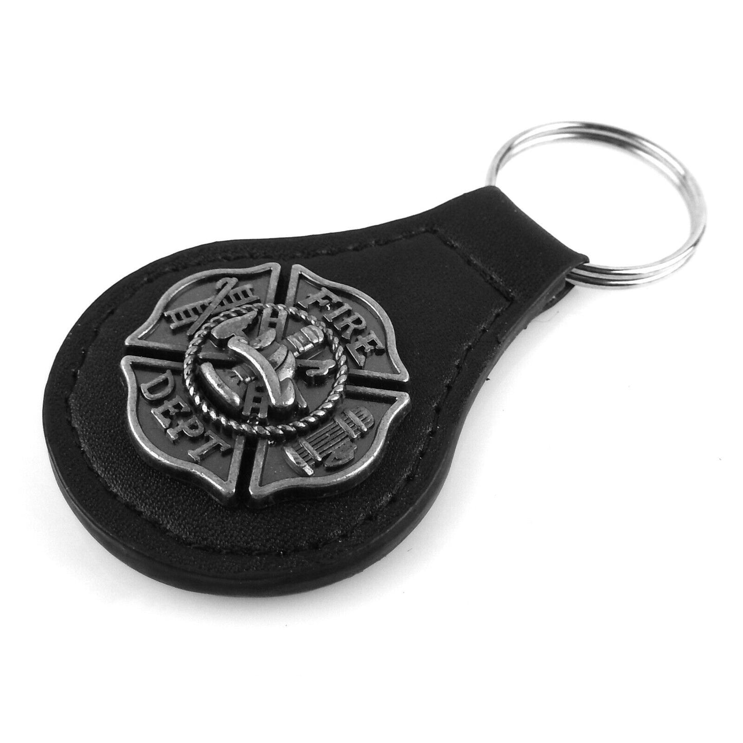 Fireman Black Leather Key Fob Ring Firefighter Silver Maltese Emblem Concho