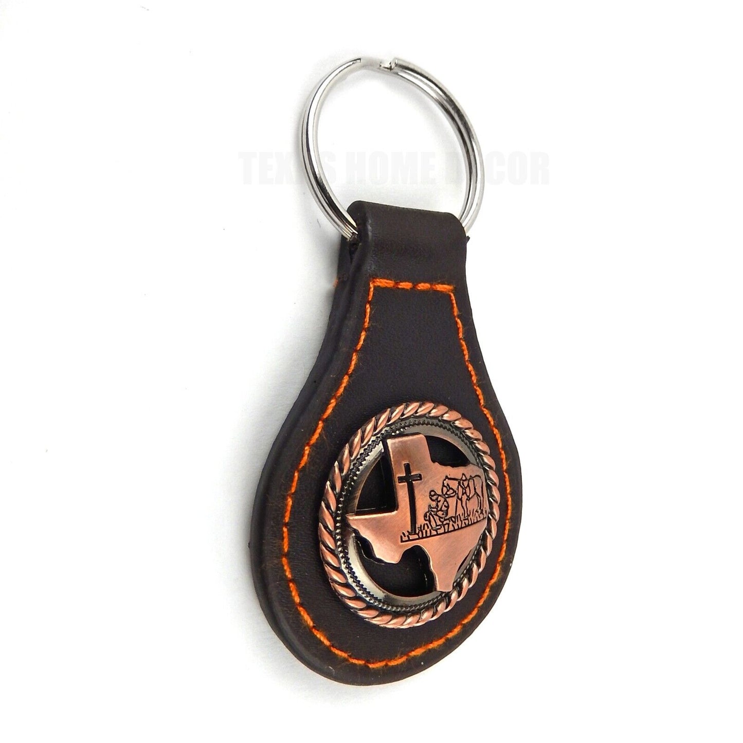 Brown Leather Keychain Texas Map Praying Cowboy Cross Horse Copper Concho