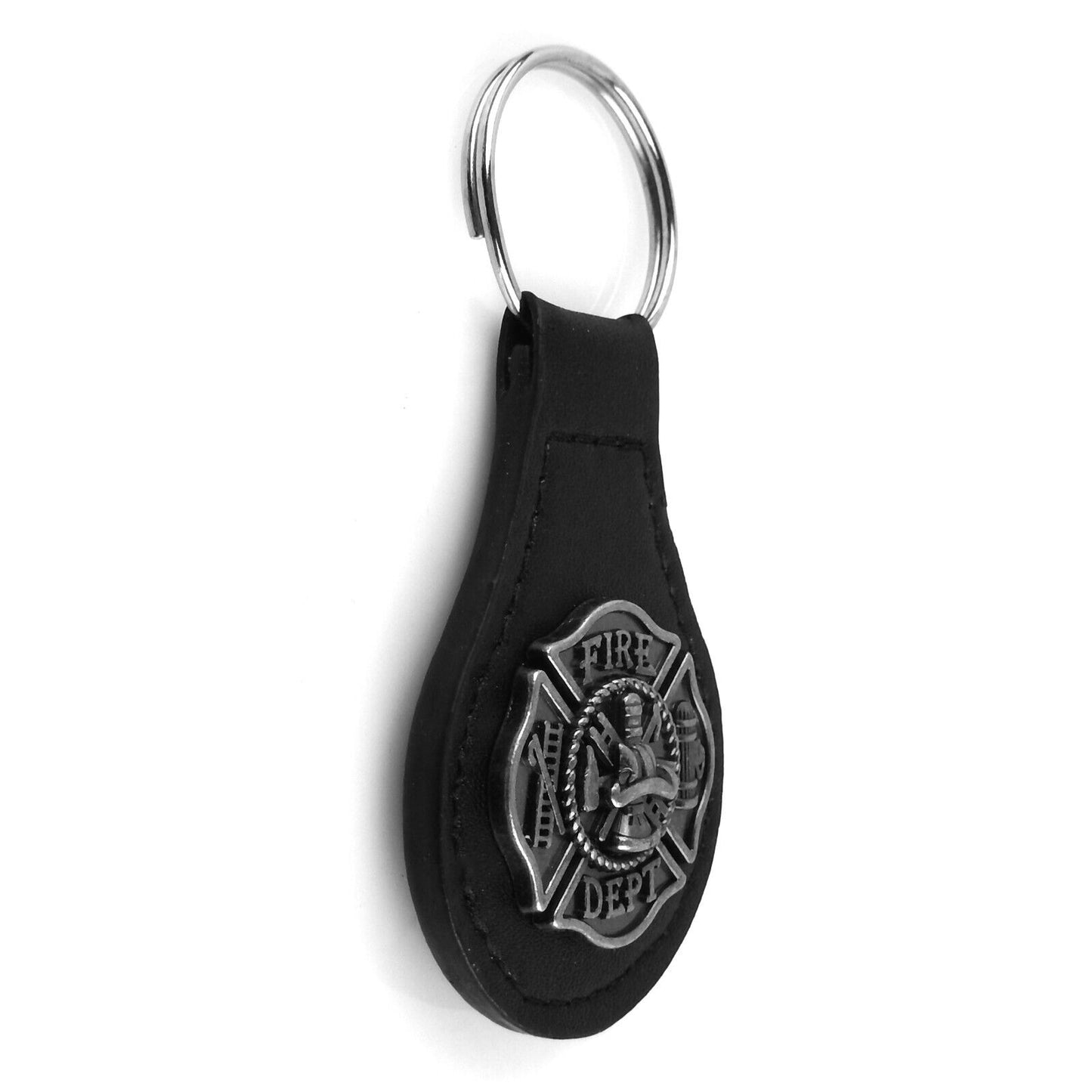 Fireman Black Leather Key Fob Ring Firefighter Silver Maltese Emblem Concho