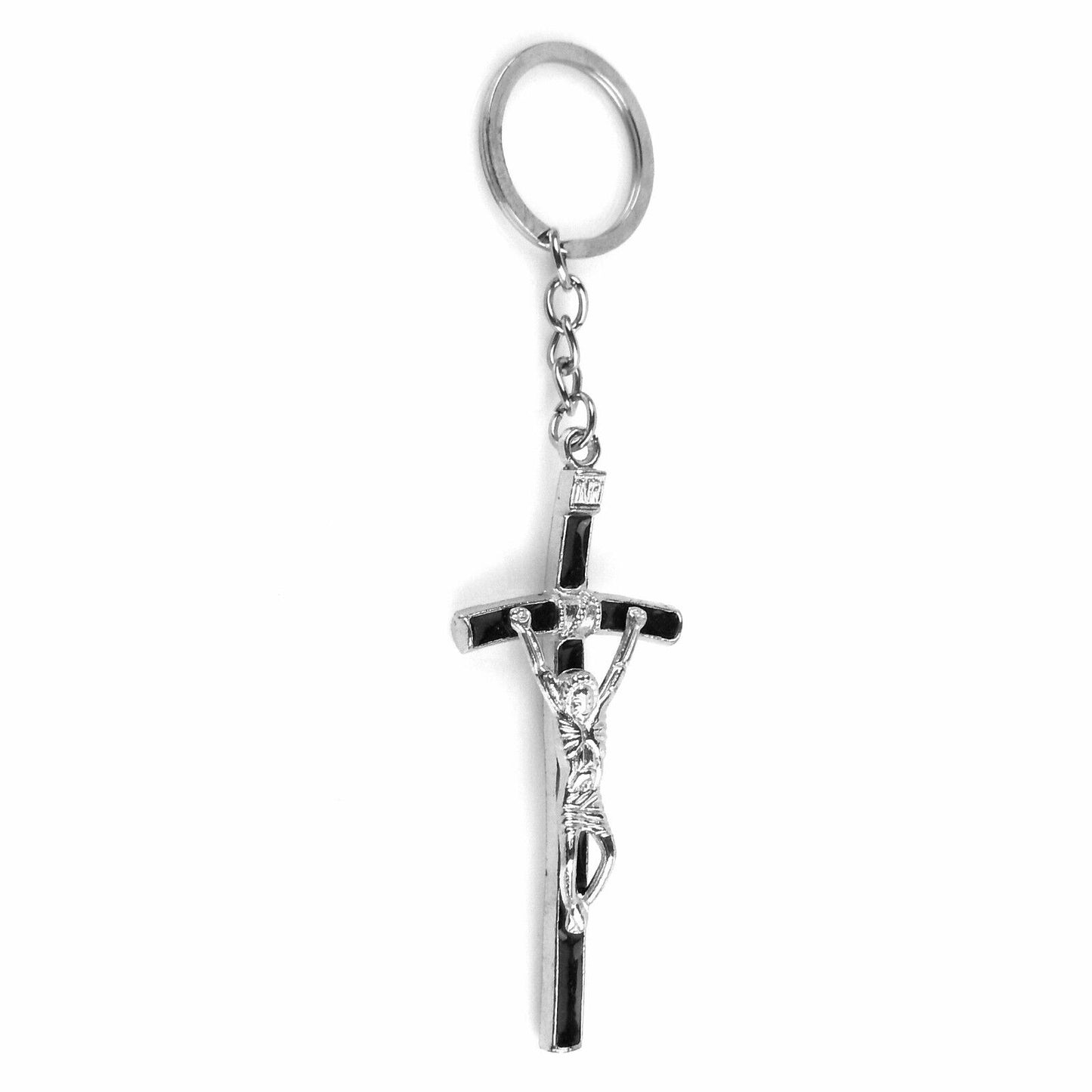 Silver Christian Crucifix Key Chain Cross INRI Fob Ring Black Color Enamel