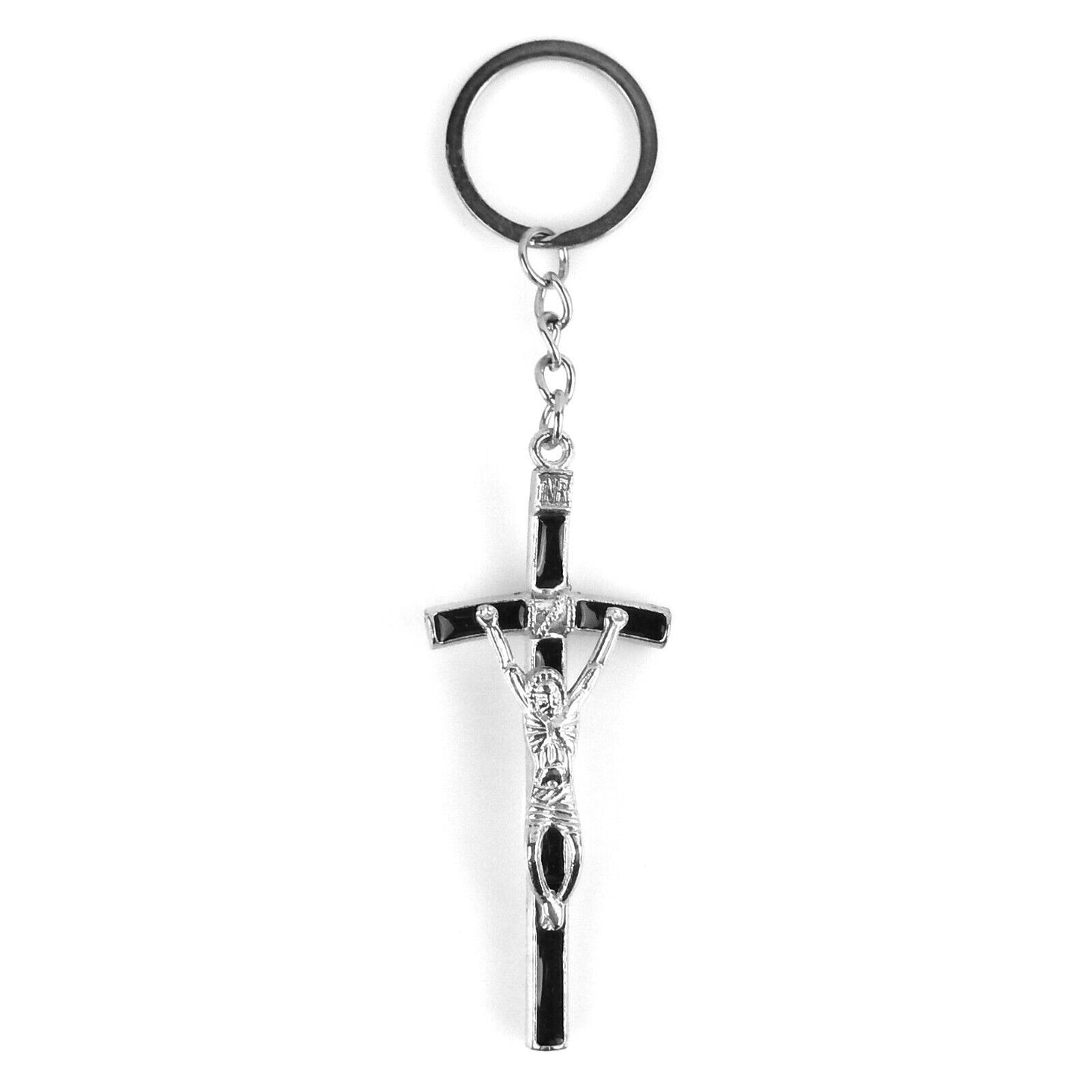 Silver Christian Crucifix Key Chain Cross INRI Fob Ring Black Color Enamel