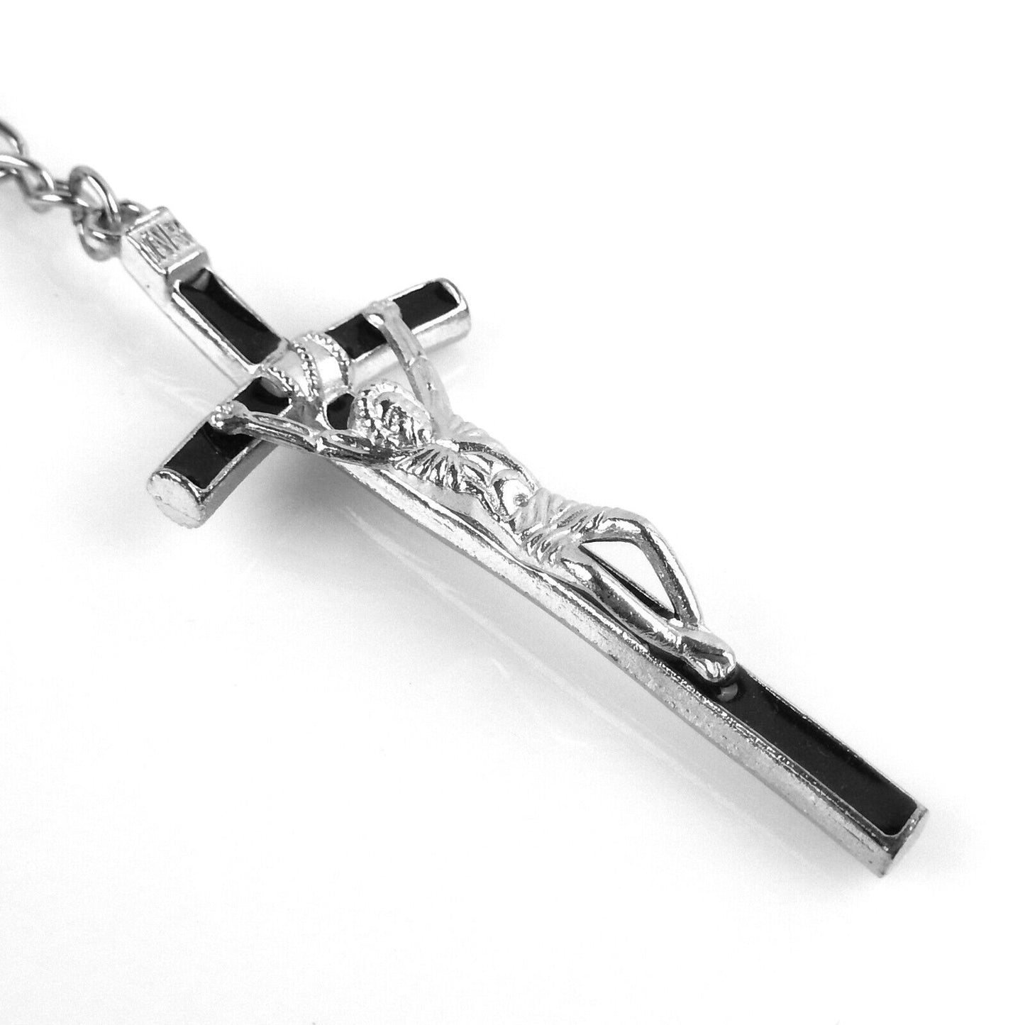 Silver Christian Crucifix Key Chain Cross INRI Fob Ring Black Color Enamel