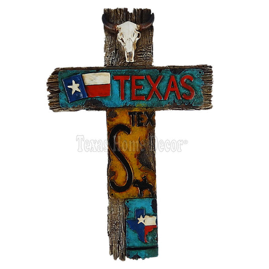 Texas Symbols Wall Cross License Plate TX Flag Map Collage Weathered Wood Look