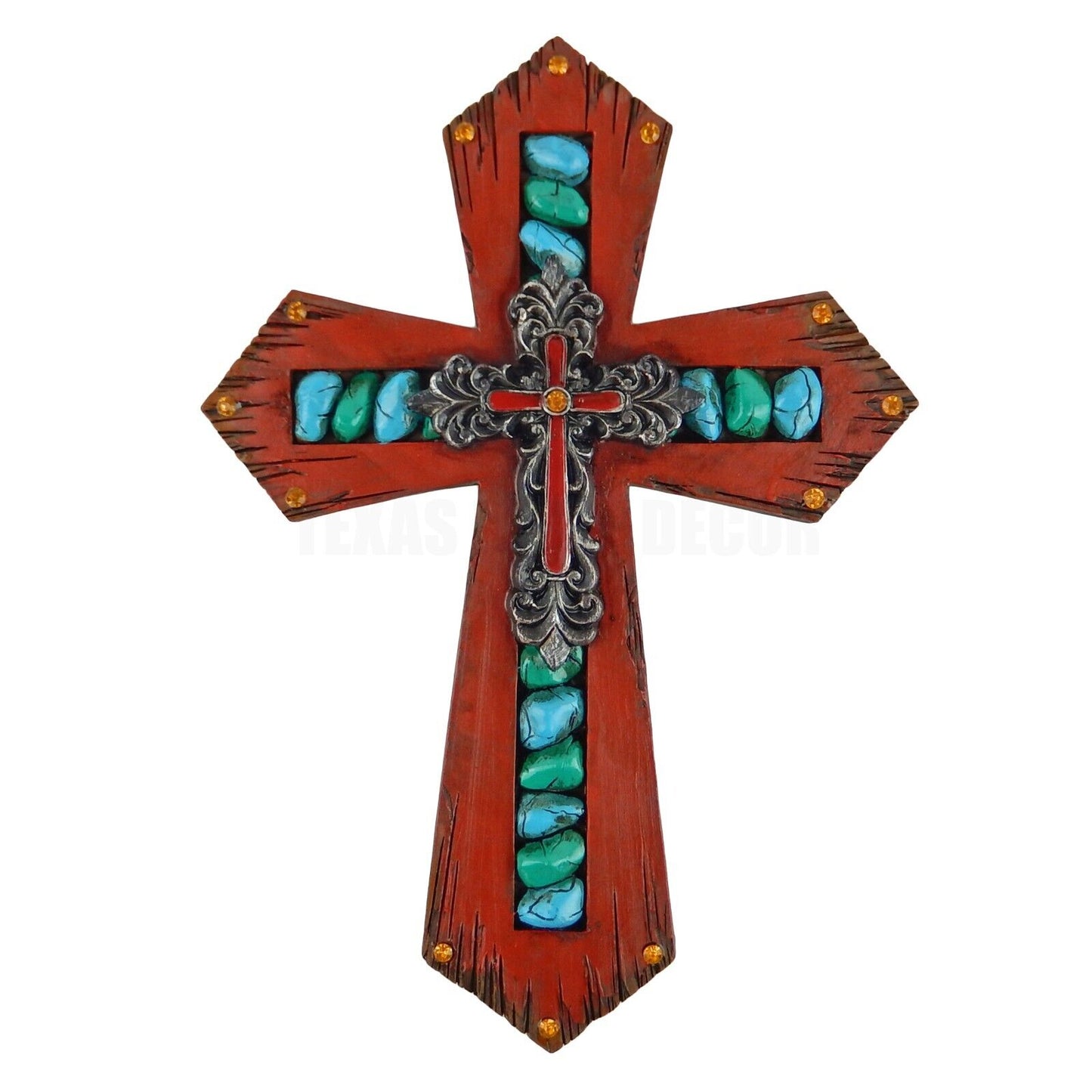 Fleur De Lis Wall Cross Red Faux Wood Look Rhinestones and Painted Turquoise