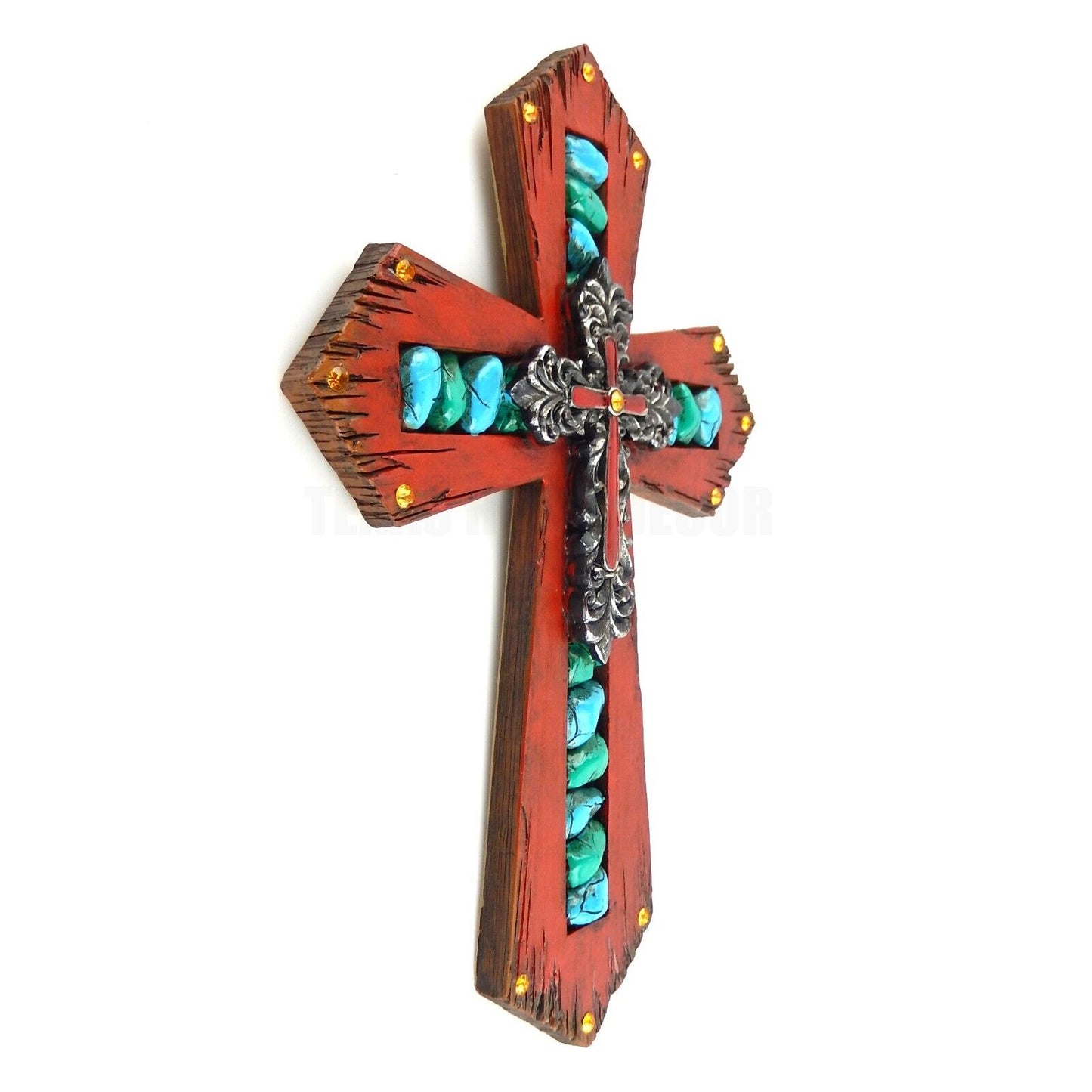 Fleur De Lis Wall Cross Red Faux Wood Look Rhinestones and Painted Turquoise