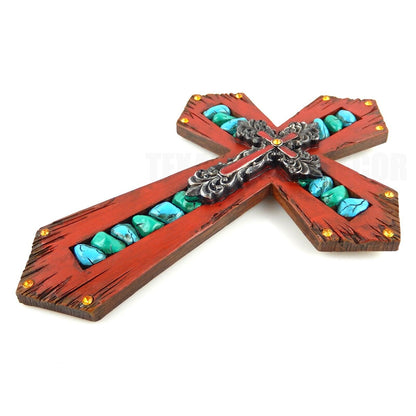 Fleur De Lis Wall Cross Red Faux Wood Look Rhinestones and Painted Turquoise