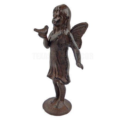 Cast Iron Standing Fairy Angel Figurine Statue Bird in Hand Antique Rustic Brown