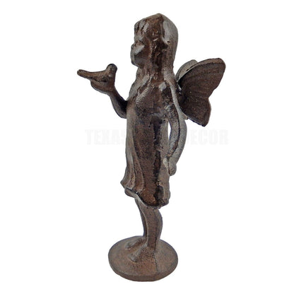 Cast Iron Standing Fairy Angel Figurine Statue Bird in Hand Antique Rustic Brown