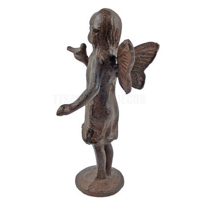 Cast Iron Standing Fairy Angel Figurine Statue Bird in Hand Antique Rustic Brown