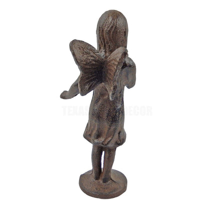 Cast Iron Standing Fairy Angel Figurine Statue Bird in Hand Antique Rustic Brown