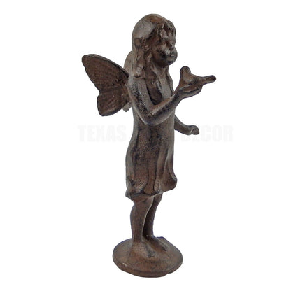 Cast Iron Standing Fairy Angel Figurine Statue Bird in Hand Antique Rustic Brown