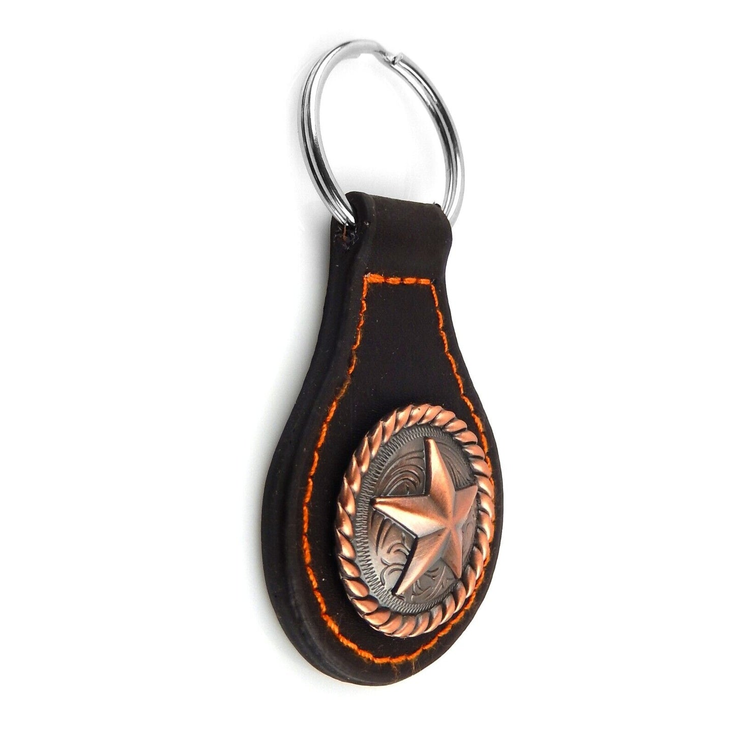 Brown Leather Key Fob With Copper Star Floral Concho Split Ring Rustic Western