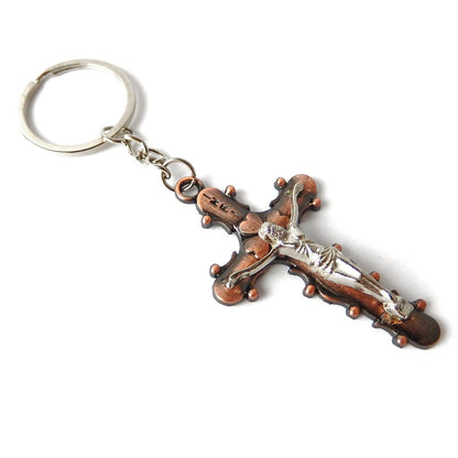 Metal Crucifix Key Chain Cross Fob Ring INRI Silver and Copper Finish Religious