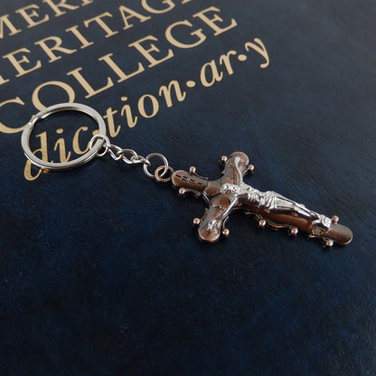 Metal Crucifix Key Chain Cross Fob Ring INRI Silver and Copper Finish Religious