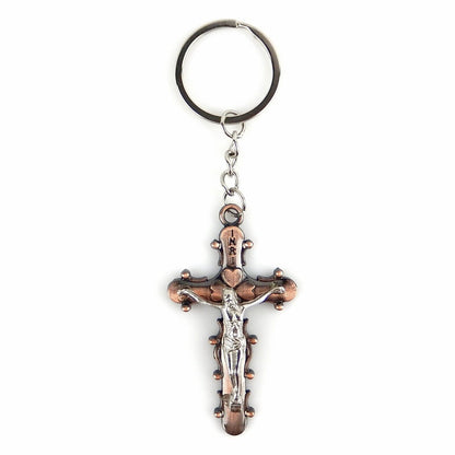 Metal Crucifix Key Chain Cross Fob Ring INRI Silver and Copper Finish Religious