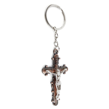 Metal Crucifix Key Chain Cross Fob Ring INRI Silver and Copper Finish Religious