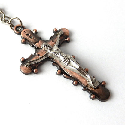 Metal Crucifix Key Chain Cross Fob Ring INRI Silver and Copper Finish Religious