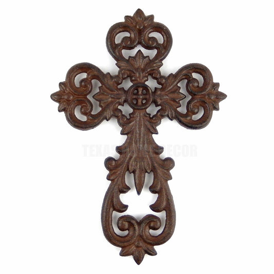 Fleur De Lis Wall Cross Cast Iron Floral Leaves Ornate Rustic Victorian Style