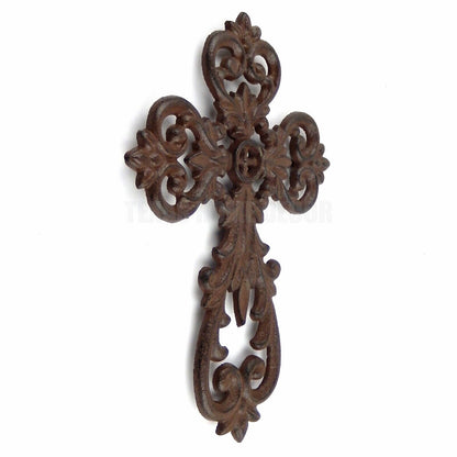 Fleur De Lis Wall Cross Cast Iron Floral Leaves Ornate Rustic Victorian Style