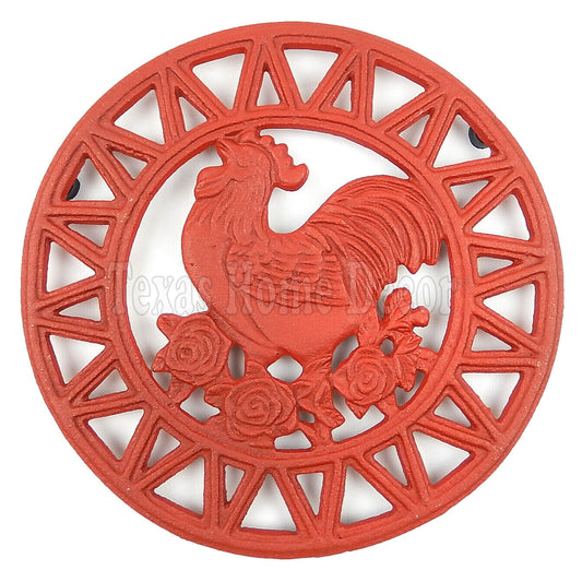 Rooster Trivet Roses Red Hot Pot Holder Sturdy Antique Style Rustic Cast Iron 8"