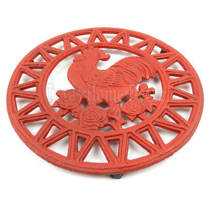 Rooster Trivet Roses Red Hot Pot Holder Sturdy Antique Style Rustic Cast Iron 8"