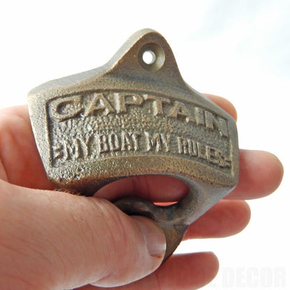 Cast Iron "Captain My Boat My Rules" Beer Bottle Opener Wall Mounted Brass Color