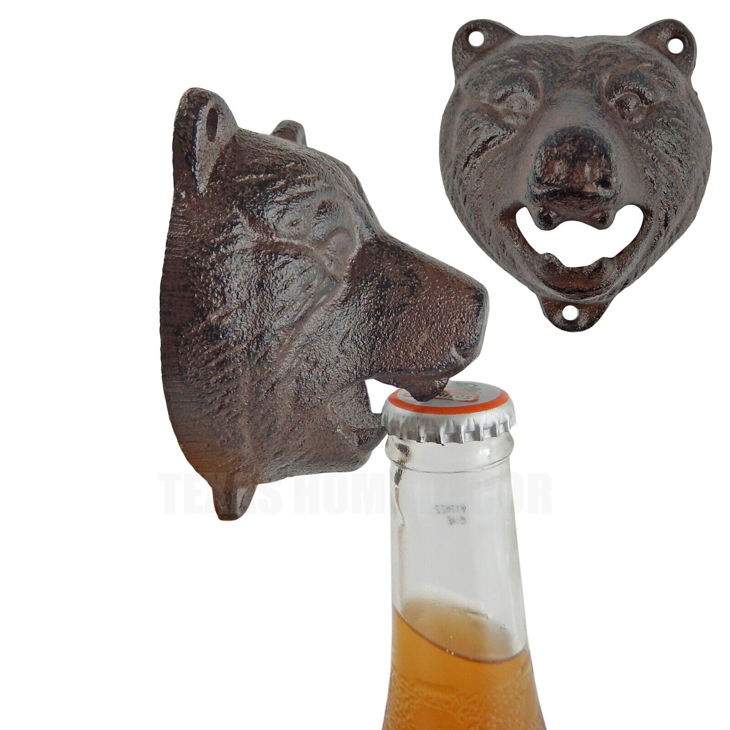 Brown Bear Head Beer Bottle Opener Cast Iron Wall Mounted Cabin Lodge Bar Decor