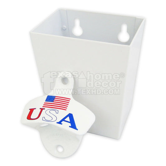 USA Flag Beer Bottle Opener With Metal Cap Catcher Set Wall Mount Starr X White