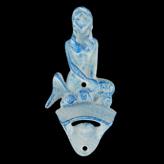 Mermaid Bottle Opener Cast Iron Nautical Wall Mounted Blue