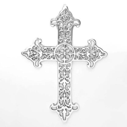 Large Fleur De Lis Silver Religious Wall Cross With Scrolls Polished Aluminum