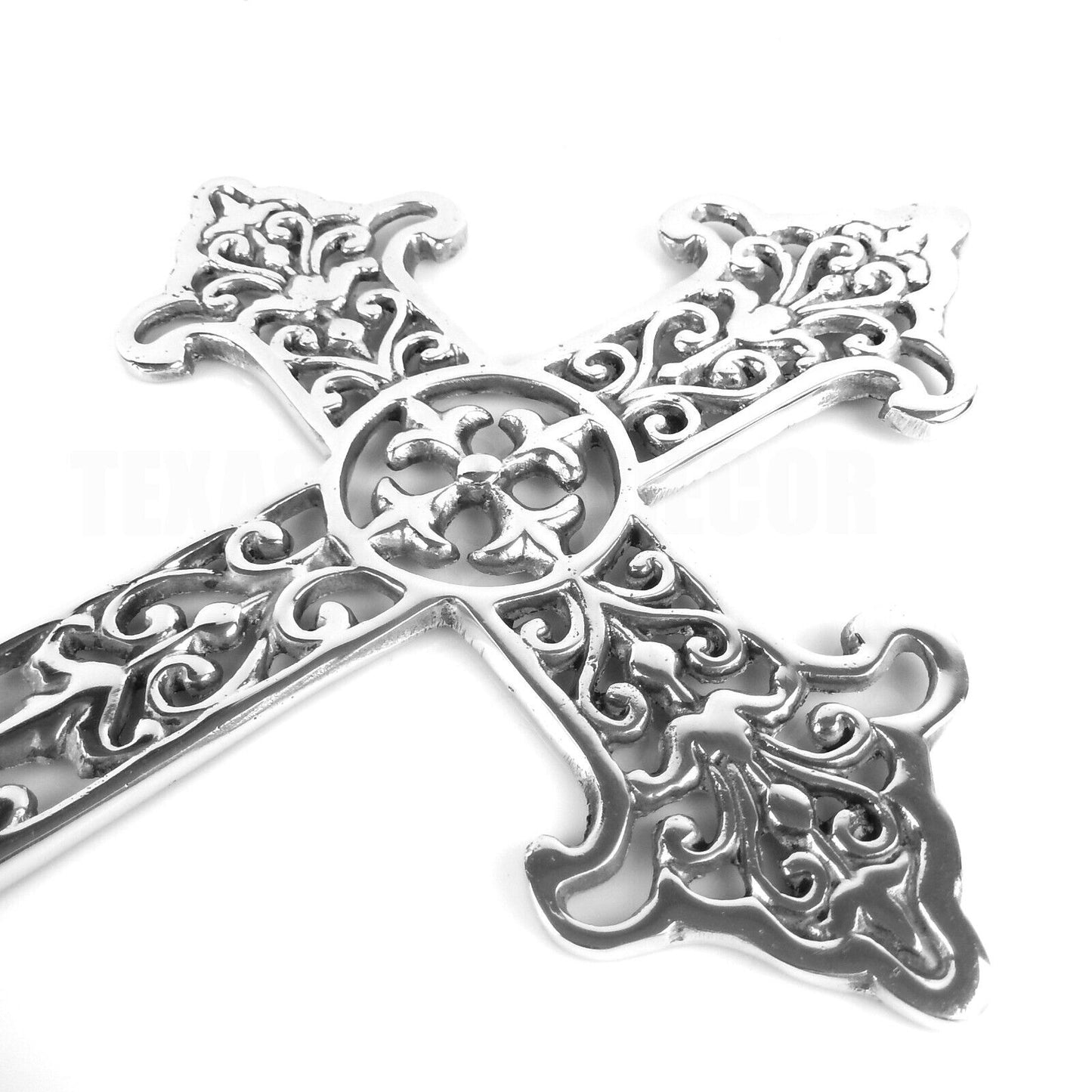 Large Fleur De Lis Silver Religious Wall Cross With Scrolls Polished Aluminum