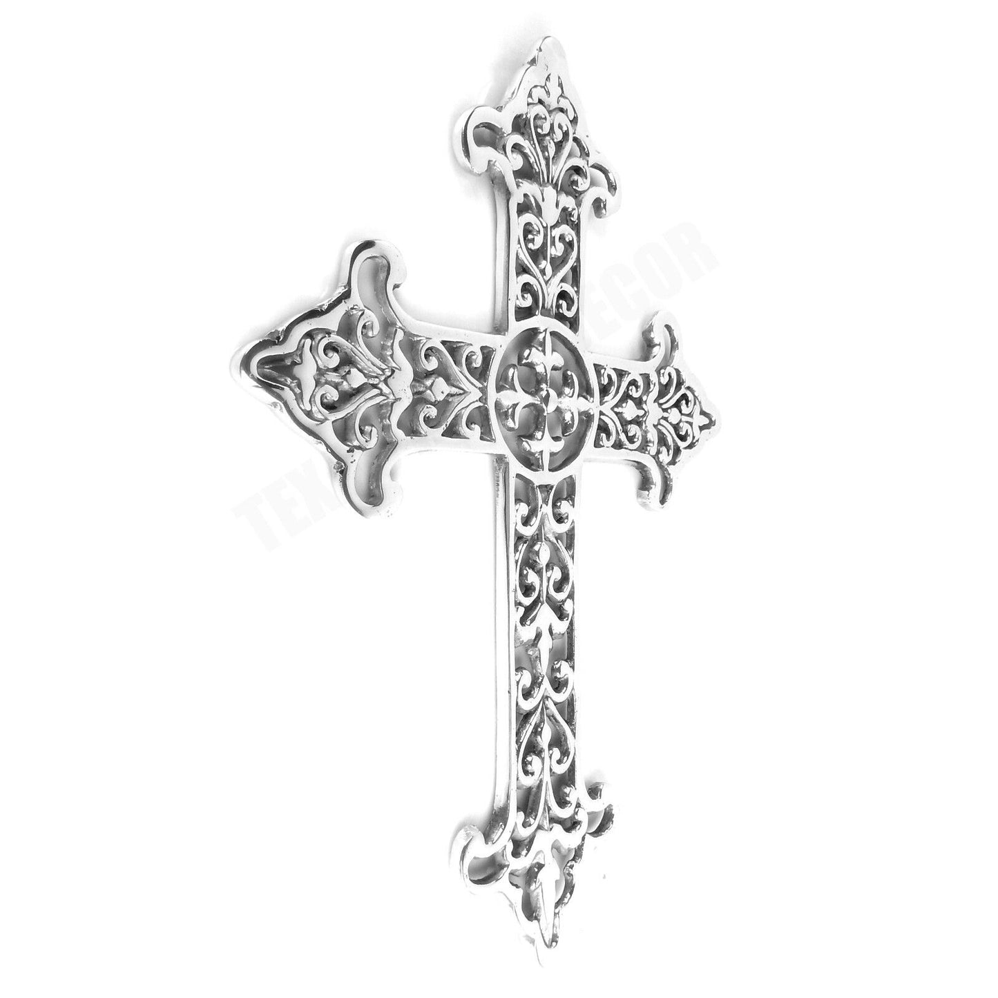 Large Fleur De Lis Silver Religious Wall Cross With Scrolls Polished Aluminum