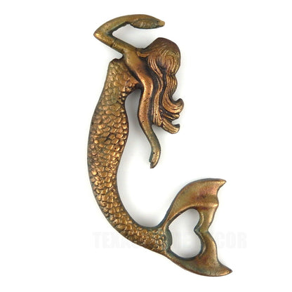 Brass Metal Mermaid Beer Bottle Opener Hand Held Aged Patina Look Nautical Decor