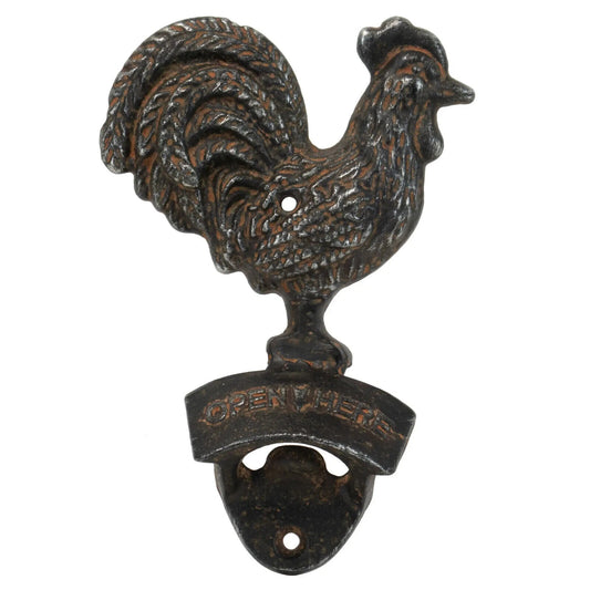 Rooster Bottle Opener Wall Mounted Cast Iron Antique Finish Black Rust Farmhouse