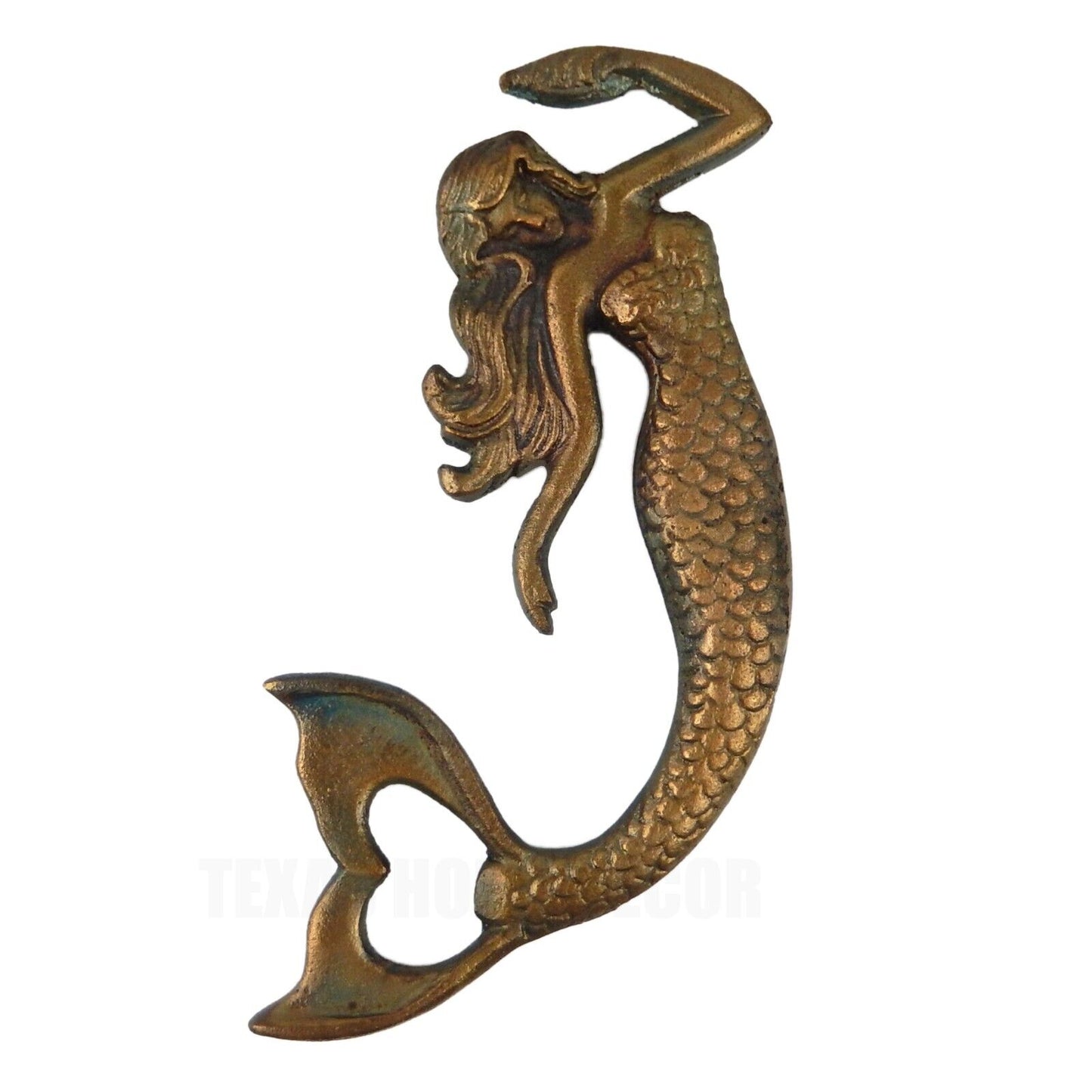 Brass Metal Mermaid Beer Bottle Opener Hand Held Aged Patina Look Nautical Decor