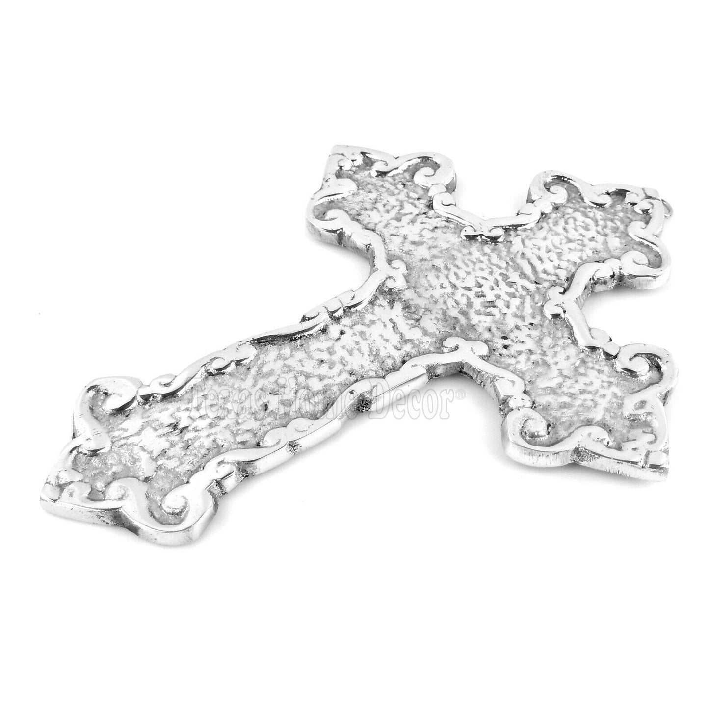 Fleur De Lis Pewter Wall Cross Decorative Religious Polished Silver 9 3/8 inch