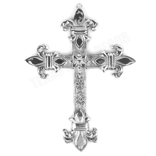 Fleur De Lis Silver Religious Wall Cross Center Flower Polished Aluminum Finish